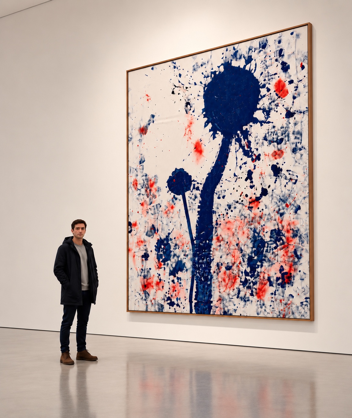 Visitor beside monumental blue painting