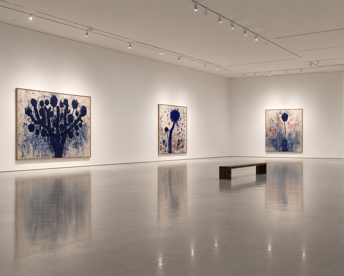 Gallery room with three paintings