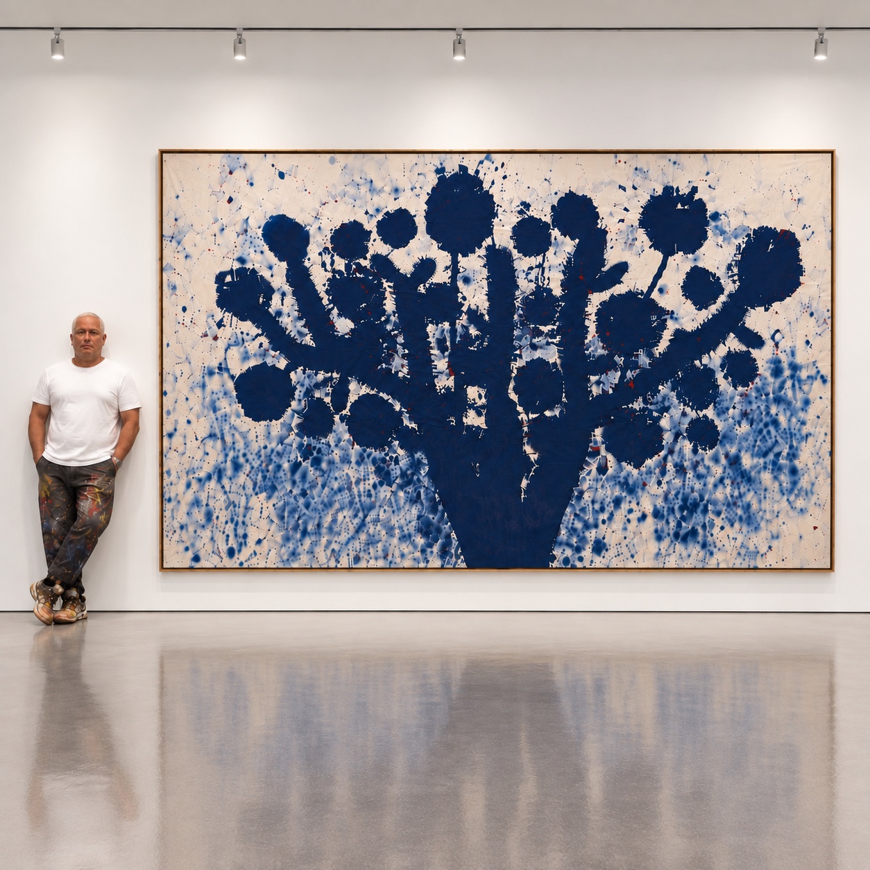 Artist beside monumental blue painting