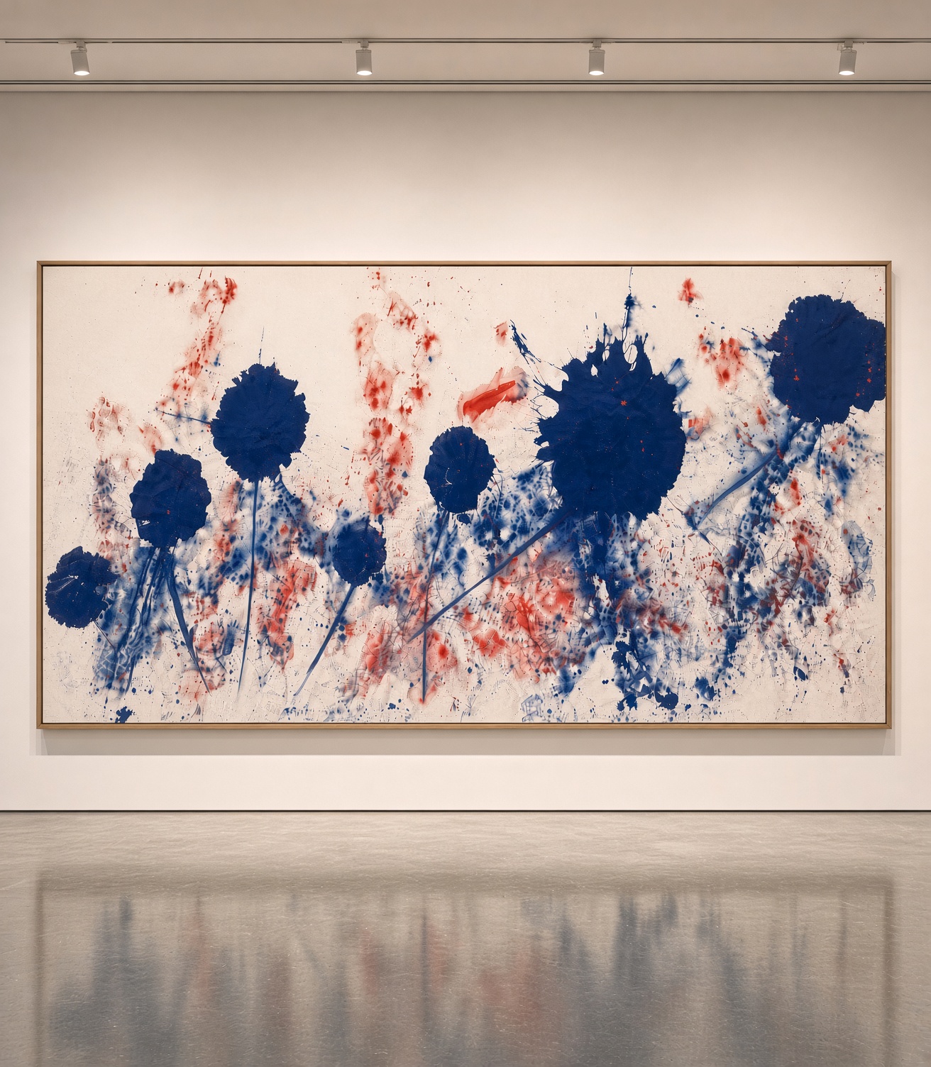 Large horizontal blue and red flower painting